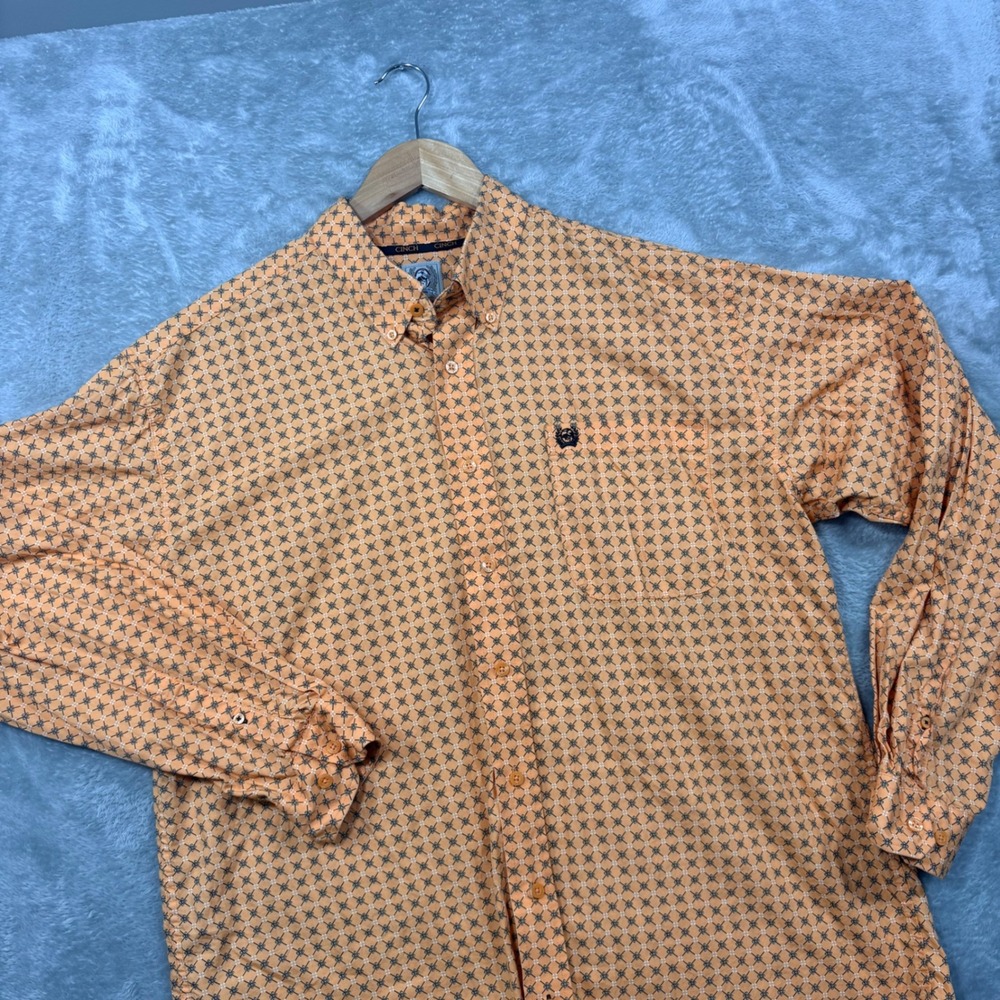 Cinch Button Down Shirt Mens Medium Orange Geometric Print Long Sleeve Cotton